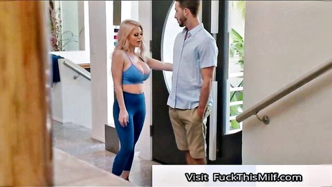 Casca Akashova blonde MILF in blue bra and leggings touching man