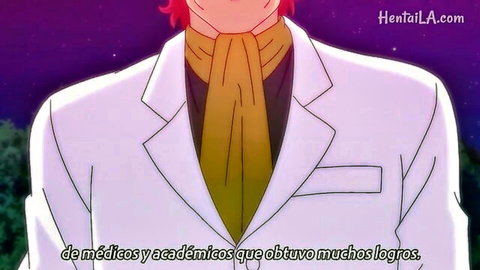 Anime male doctor with red hair in white coat and yellow ascot, hentai style thumbnail