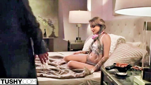 Petite blonde Lola with tattoos and small tits in lingerie during anal play