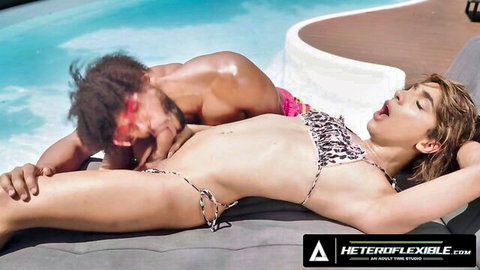 Muscular black stud eats blonde's wet pussy poolside while she moans in leopard bikini