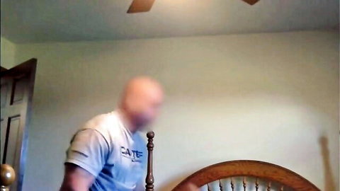 Bald white thug in gray tee by bed, intense interracial bareback scene