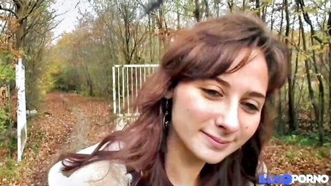 Sylvia young brunette smiles in autumn woods, teasing for BBC interracial fuck