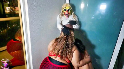Ebony BBW big ass bent over in red lingerie grabbed by masked man ready for doggy fuck