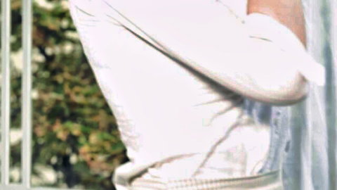 Polly Yangs as horny teen in white outfit, teasing arm pose outdoors