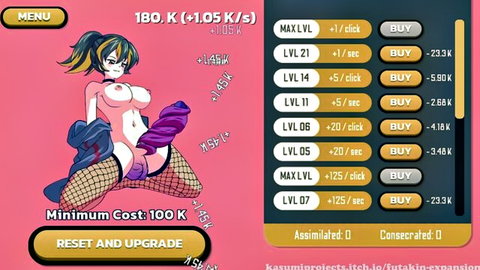 Anime girl with massive upgradable tits in lewd clicking game, fishnets and dildo