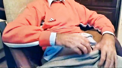 73 yo Polish man masturbating in orange Adidas sweatshirt