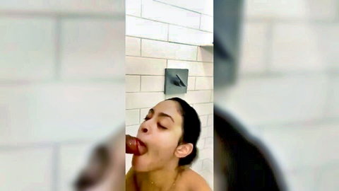 Wet brunette babe sucking thick hard cock in steamy shower