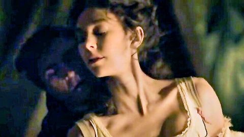 Brunette babe with small tits passionately kissed on neck by lover in steamy romantic bedroom