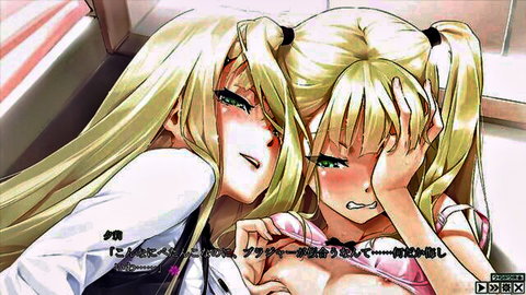 Two blonde anime schoolgirls in emotional embrace, Yuri series