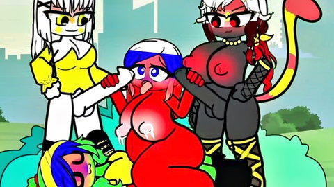 Hentai cartoon girls with huge tits gangbanged, holding cocks and covered in cumshots
