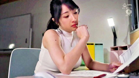 Yuika Onosaka in white sleeveless top, studying at desk, JAV thumbnail