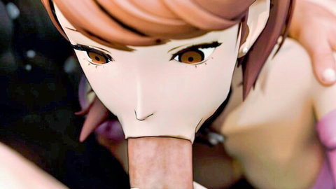 Anime-style girl with orange hair giving intense blowjob close-up