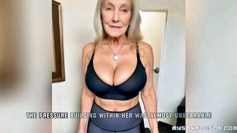 Busty blonde granny squeezes her massive tits in tight black sports bra