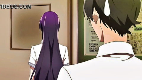 Hentai schoolgirl with long purple hair stands from behind in classroom as green-haired boy approaches in uniform