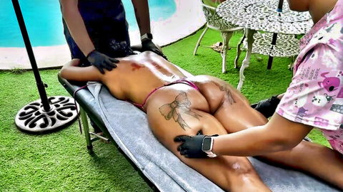 Latina MILF with fit body and large breasts getting happy ending massage in tiny bow bikini