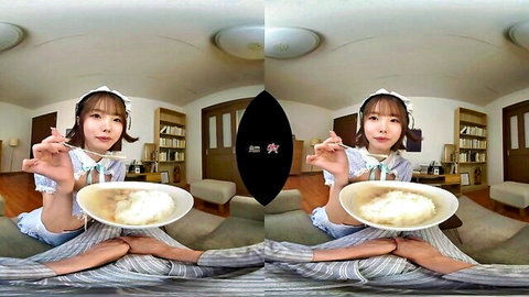 Cute Asian maid in frilly outfit eating bowl of rice in hot VR erotic video