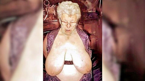 Granny with massive saggy tits fully exposed from open purple robe