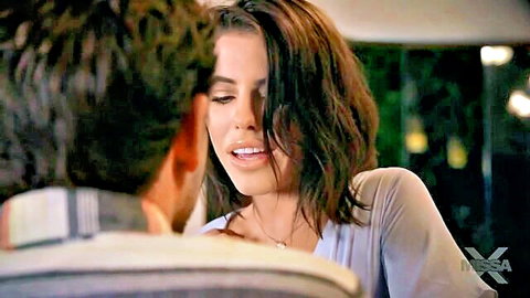 Brunette beauty in sheer top shares intimate gaze with man on Seychelles vacation