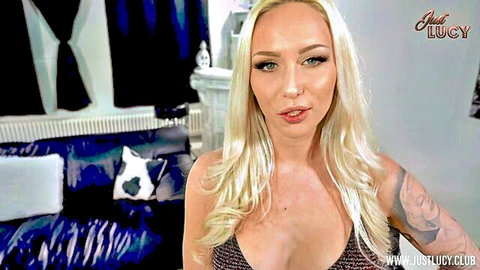 Just Lucy blonde German bombshell in sparkly black top, teasing cleavage