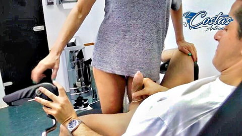 Blonde housewife in short dress gives handjob during pervy doctor exam