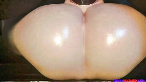 Hentai close-up of massive pale ass, glossy curves in monster tits fantasy
