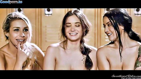 Katrina Jade and busty friends topless smiling in promo
