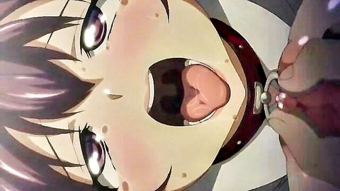 Hentai girl ahegao face with wide open mouth tongue out wearing collar drooling for cock