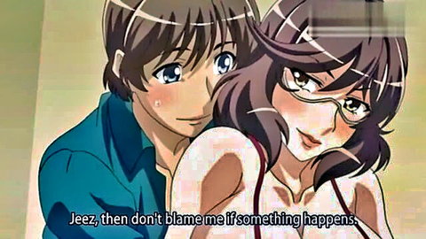 Anime hentai milf with glasses embracing young man intimately