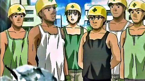 Anime construction workers group with central female in hard hats and tank tops