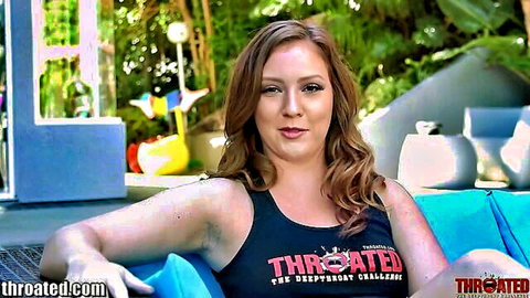 Busty babe in deepthroat challenge tank top teasing for rough blowjob and face fuck