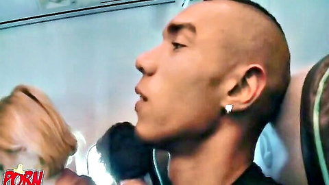 Bald guy with earring getting blown by blonde in vehicle amateur closeup