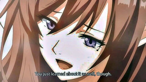 Anime elf girl with purple eyes and brown hair smiling in hentai scene
