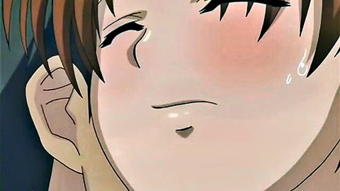 Blushing anime girl with short brown hair in aroused hentai expression