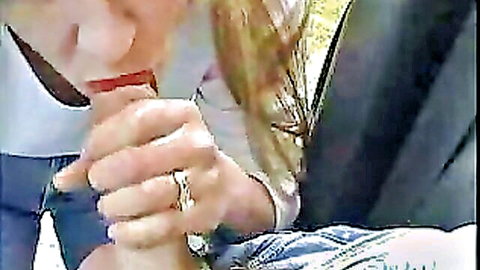 Blonde amateur sucking thick red cock with handjob grip in truck cab