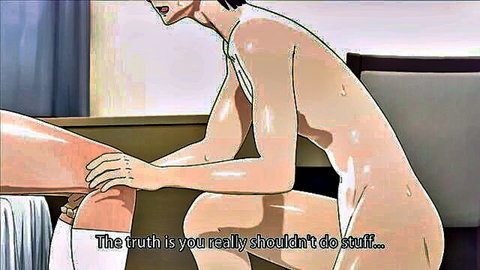 Hentai anime couple in nude intimate pose, woman in stockings touched from behind