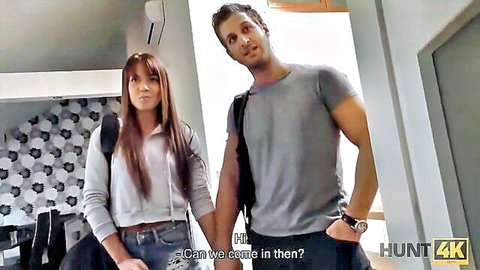 Young brunette dollface and fit guy at door for Hunt4K money sex adventure