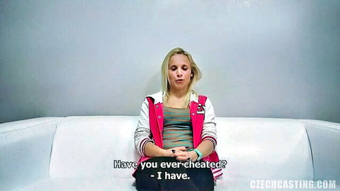 Blonde amateur admits cheating in clothed casting interview