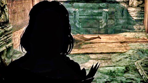 Silhouette of long-haired woman in ancient ruins, viewing fallen body