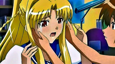 Blonde anime schoolgirl in uniform touched by classmate