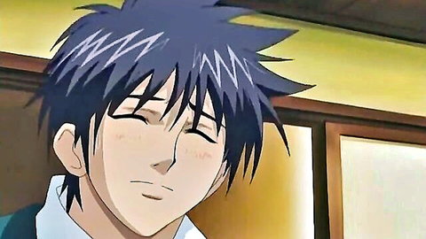 Blushing anime boy with closed eyes in embarrassed hentai scene from Spa Of Love 2