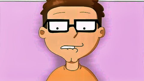 Cartoon parody of surprised young man in glasses and orange shirt from Family Guy XXX