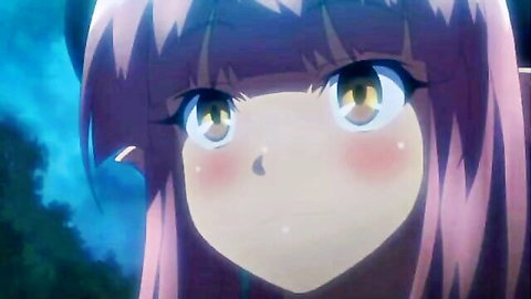 Cute anime succubus girl with pink hair and green eyes blushing seductively