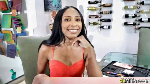 Smiling ebony stepmom in red dress teases for no nut challenge