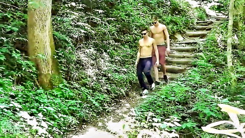 Travis Stevens and Anthony Verusso shirtless hike in woods, bareback gay porn teaser