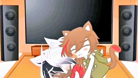 Cute anime cat boys Caleb and Cameron cuddling intimately
