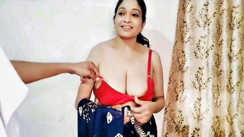 Indian woman in red bra and saree groped by man, Desi nurse seduction scene