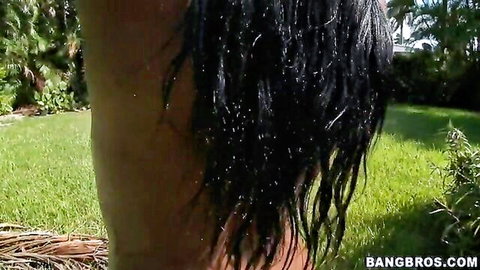 Maserati shaking massive black tits outdoors, watched by man