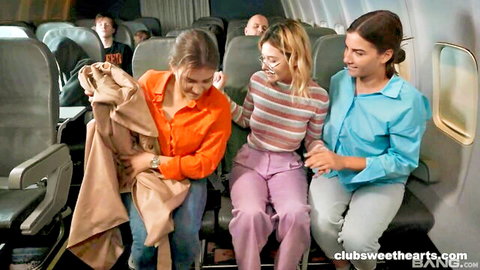 Sexy lesbian threesome with fine girls enjoying each other mid-flight