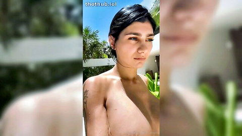 Mia Khalifa nude poolside, topless with big natural tits