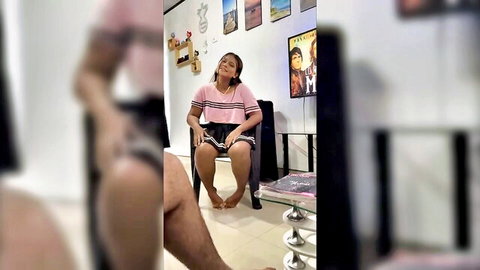 Latina college girl seduces classmate, sitting in shorts no panties